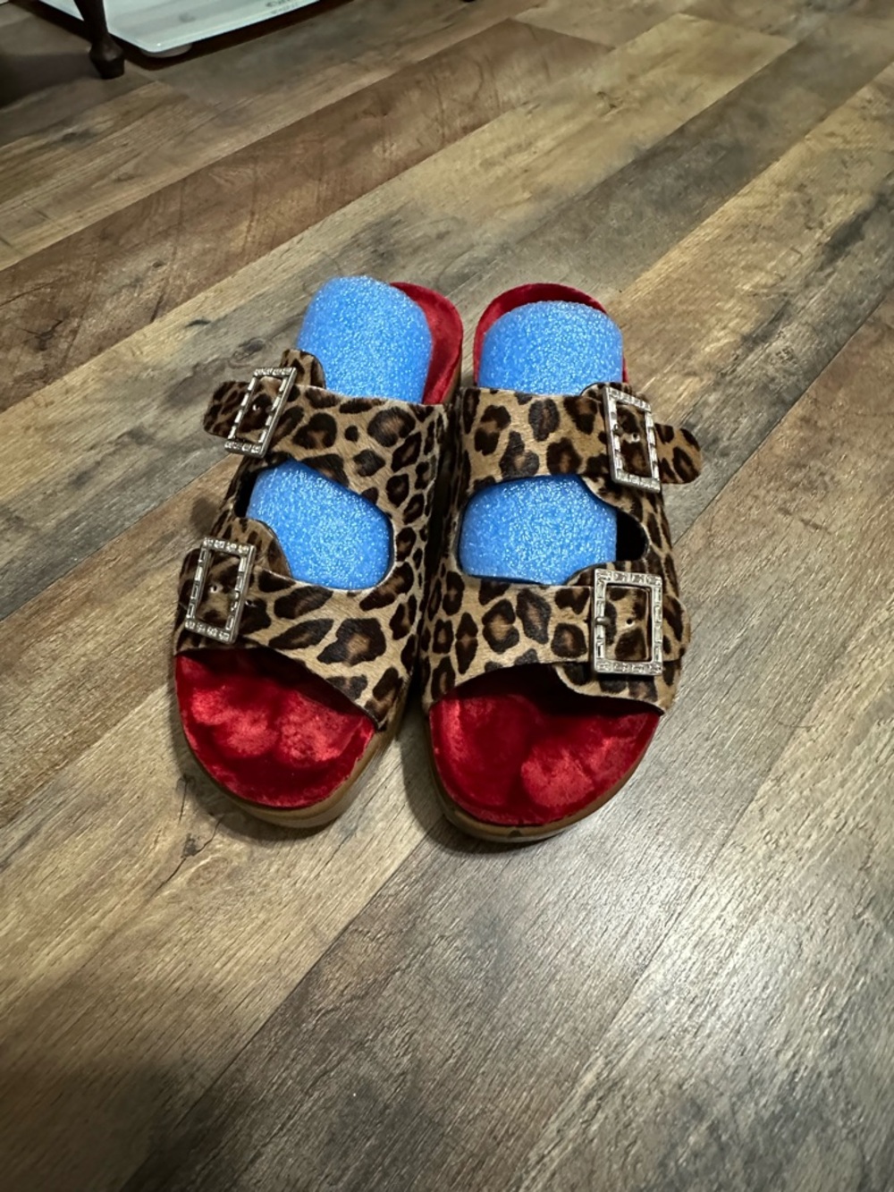 Women’s Leopard Print Double-Buckle Sandals with Red Velvet Footbed